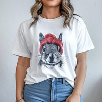 Squirrel T-Shirt | Cute Animal Wearing Red Beanie Illustration | 100% Premium Cotton Tee | Wildlife Lover Gift For Men And Women