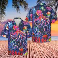 Psychedelic Octopus Hawaiian Shirt | Neon Ocean Life Underwater Print | Lightweight Woven Polyester | Gift for Tropical Beach Vacation