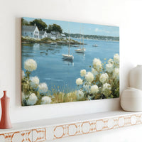 Coastal Harbor Sailboat Canvas Print | Impasto Hydrangea Landscape Art | 1.25 Inch Gallery Wrap | Premium Nautical Wall Decor