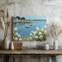 Coastal Harbor Sailboat Canvas Print | Impasto Hydrangea Landscape Art | 1.25 Inch Gallery Wrap | Premium Nautical Wall Decor