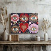 Bohemian Evil Eye Wall Art | Sacred Heart Gold Foil Accent Print | Premium 1.25 Inch Gallery Wrap Canvas | Spiritual Home Decor Gift